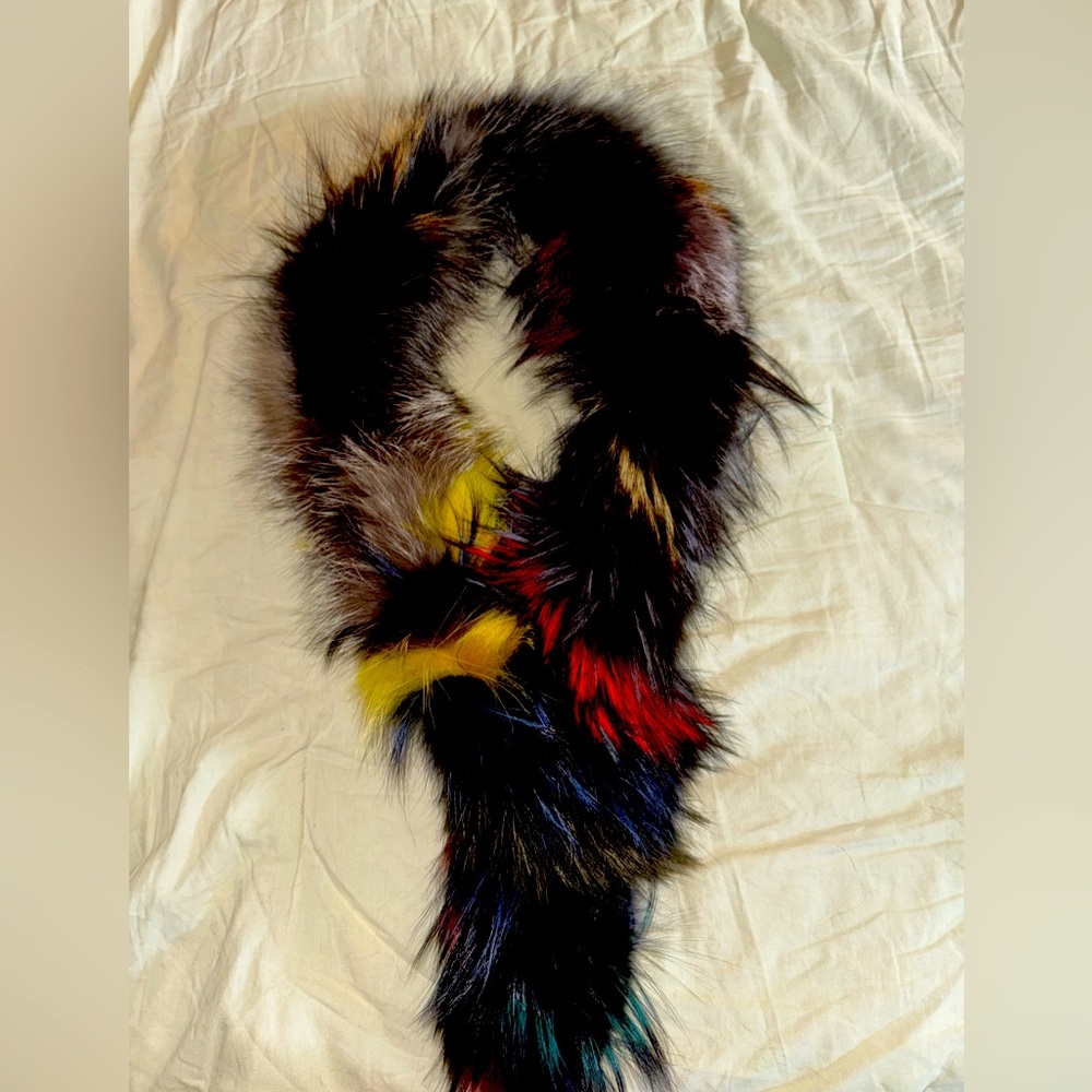 Authentic Long Hair Multicolored Fur Scarf (Red/Black/Yellow)